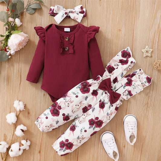0-24 Months Newborn Baby Girl 3PCS Clothes Set Long Sleeve Romper+Flower Strap Pants+Headband